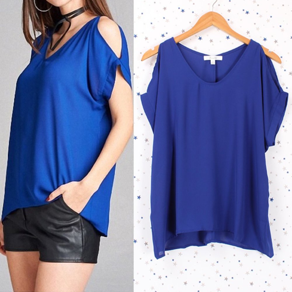 Cold Shoulder Chiffon Blouse Top Royal Blue